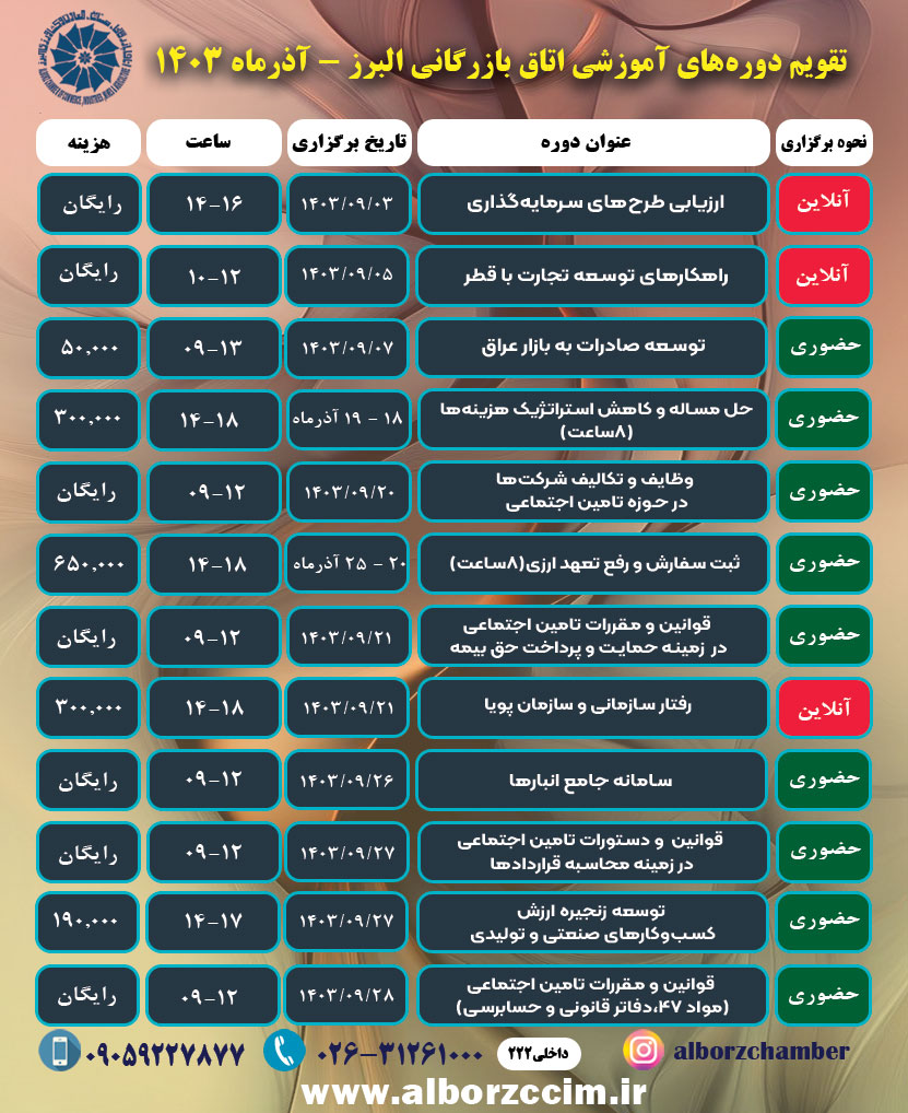 تقویم دوره‌های آموزشی اتاق بازرگانی البرز-آذرماه 1403