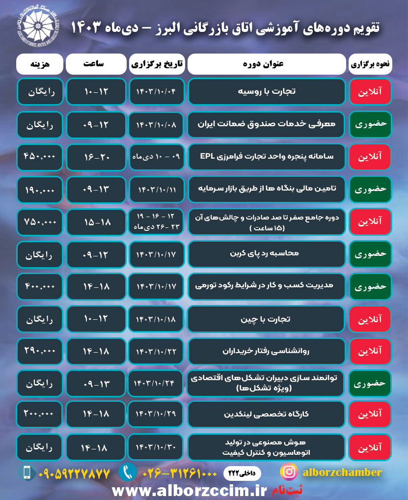 تقویم دوره های آموزشی اتاق بازرگانی البرز دی ماه 1403