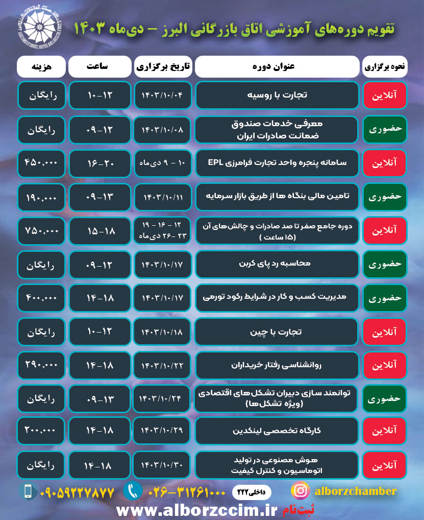 تقویم دوره های آموزشی اتاق بازرگانی البرز دی ماه 1403