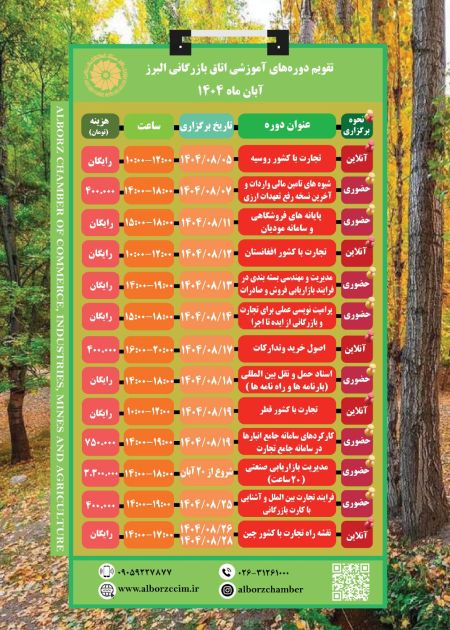 تقویم دوره های آموزشی آبان ماه 1404اتاق بازرگانی البرز