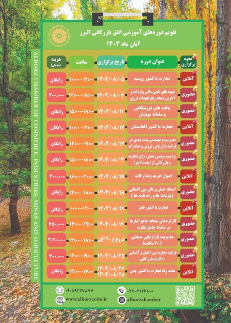 تقویم دوره های آموزشی آبان ماه 1404اتاق بازرگانی البرز